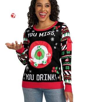 Tipsy Elves “You Miss, You Drink!” Target Game Christmas Sweater, Size M NWT